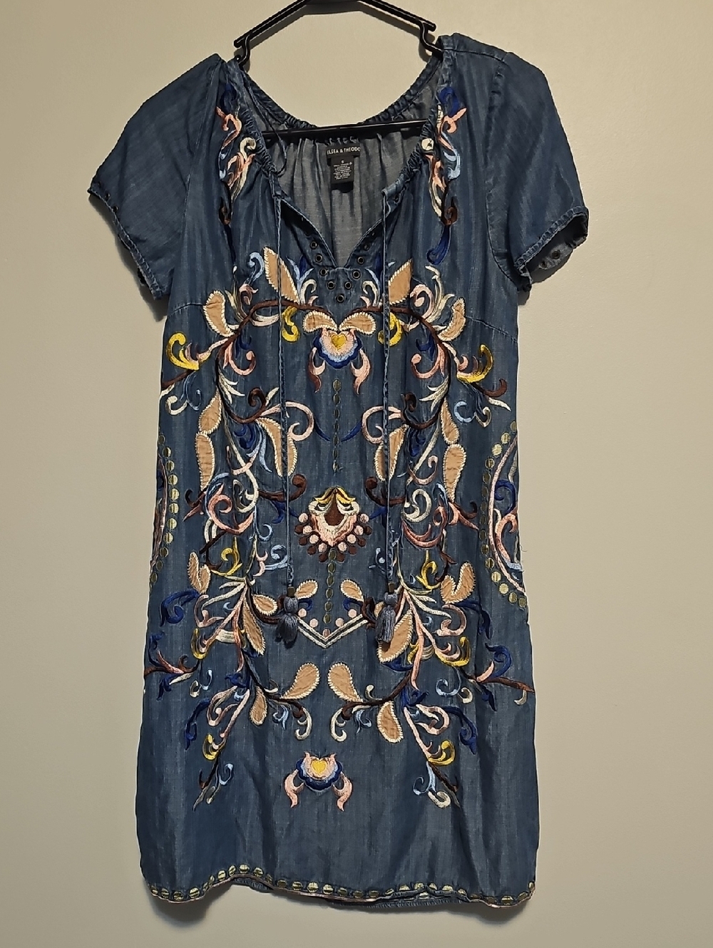 Chelsea & Theodore Blue Embroidered Lace-Up Mini Dress